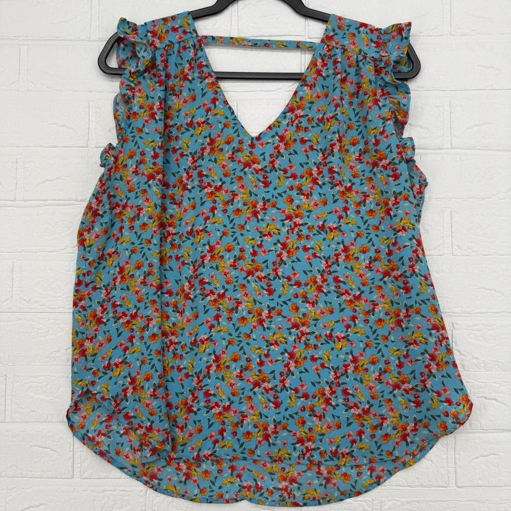 LOFT Sleeveless Blouse Womens Medium Blue Floral Ruffle V-Neck Strappy Back Top